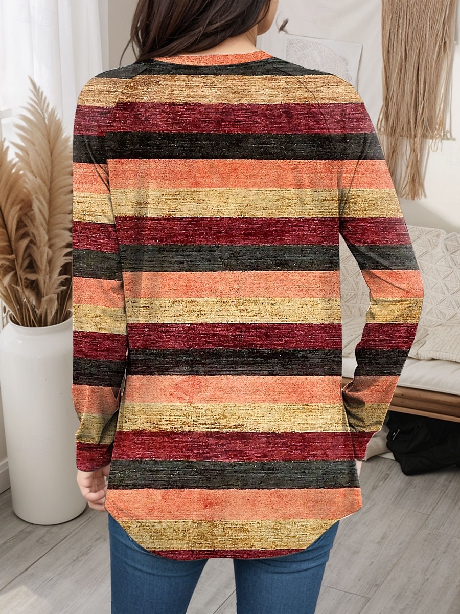 Femmes T-shirt Graphique Rayé ancien Mode Élégant manche longue Col ras du cou Hauts Réguliers Quotidien Week-end Imprimé Rose Claire Bleu Orange Vert Printemps Automne de 2025 ? $24.99 –P2