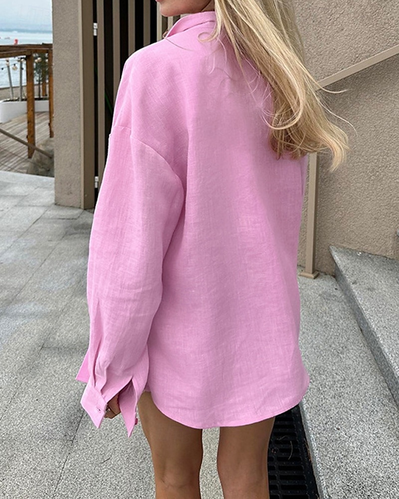Per donna Camicia Camicie di cotone e lino Semplice Quotidiano Elegante Essenziale Manica Lunga Colletto a Camicia Top Regolari Lavoro Quotidiano Ferie Bottoni Bianco Rosa Blu Estate Primavera del 2025 a $27.99 –P3