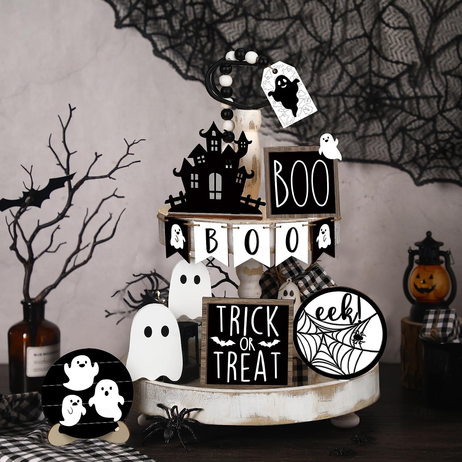 Набор из 15 розовых многоярусных подносов для декора на Хэллоуин, милые деревянные таблички с привидениями и украшения в фермерском стиле для дома, стола и вечеринок 2025 - $12.49 –P11