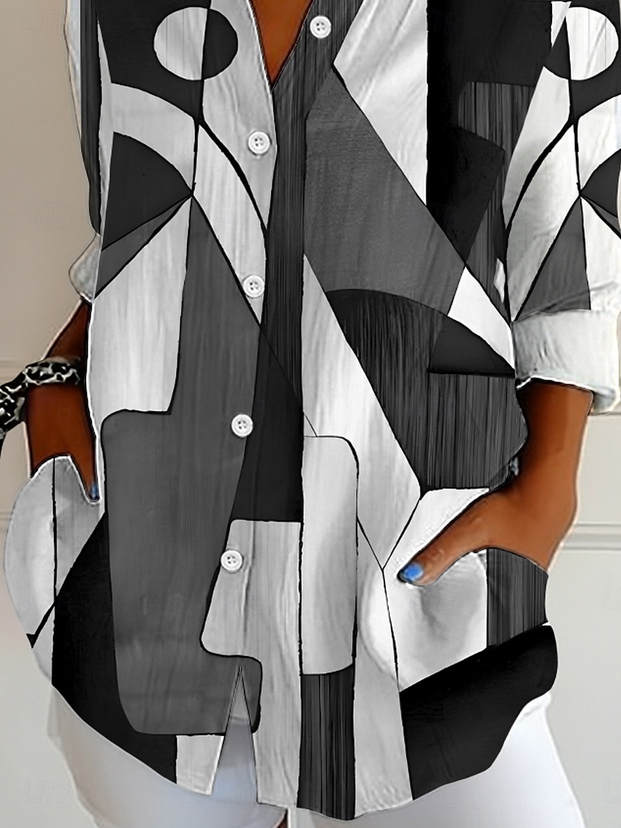 Damen Hemd Knopfverschluss Tunika Hemd Kragen Langarm Grafik Geometrisch Abstrakt Vintage Alltag Stilvoll Regular Tops Arbeit Alltag Feiertag s Print Schwarz und Weiß Pink Blau Lila Grün Frühling 2025 - $33.99 –P3