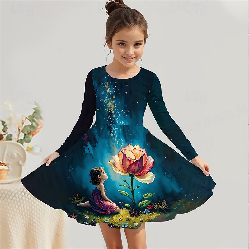 Mädchen' 3D Blumen Kleid Langarm Sommer Frühling Urlaub Täglich Ferien Prinzessin Schön Süß Kinder 4-12 Jahre Freizeitkleid A Linie Kleid Knielang Normale Passform 2025 - $16.99 –P1