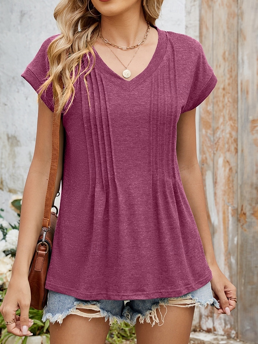 Femmes Hauts d'été Couleur Unie Élégant Occasionnel Manche Courte Col en V Hauts Réguliers Quotidien Froncé Vert cendré Noir Blanche Vin Été Printemps de 2025 ? $18.99 –P6