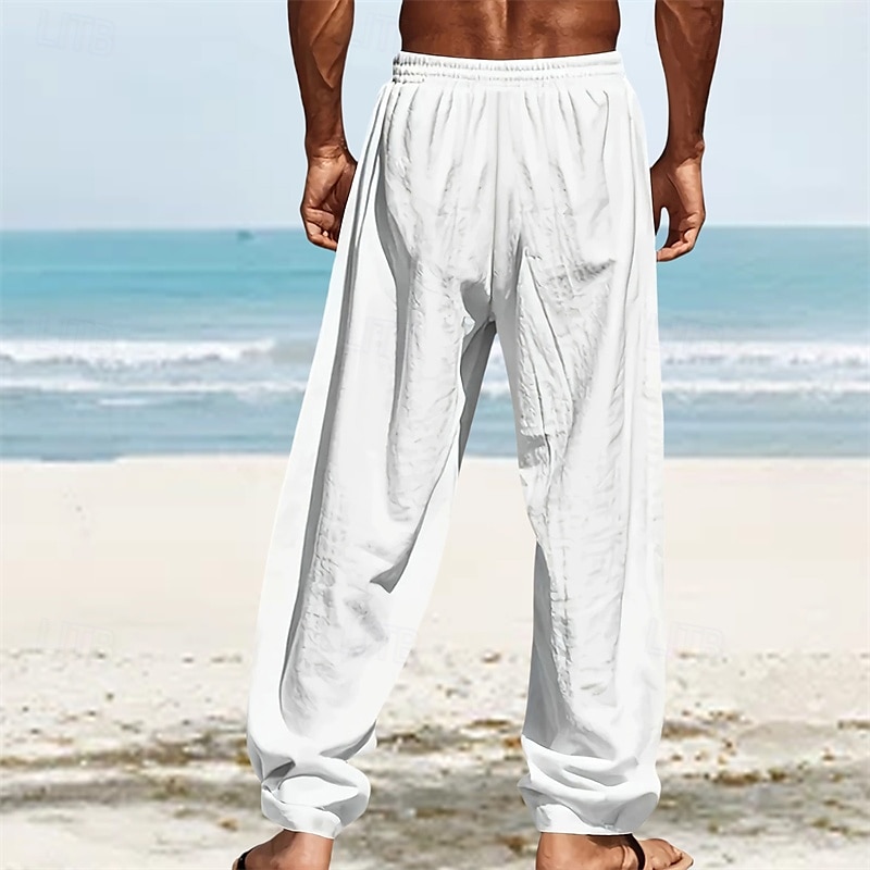 Men's Linen Pants Trousers Summer Pants Beach Pants Pocket Elastic Waist Drawstring Plain Comfort Breathable Vacation Daily Holiday Hawaiian Boho White Dark Red 2025 - $18.99 –P8