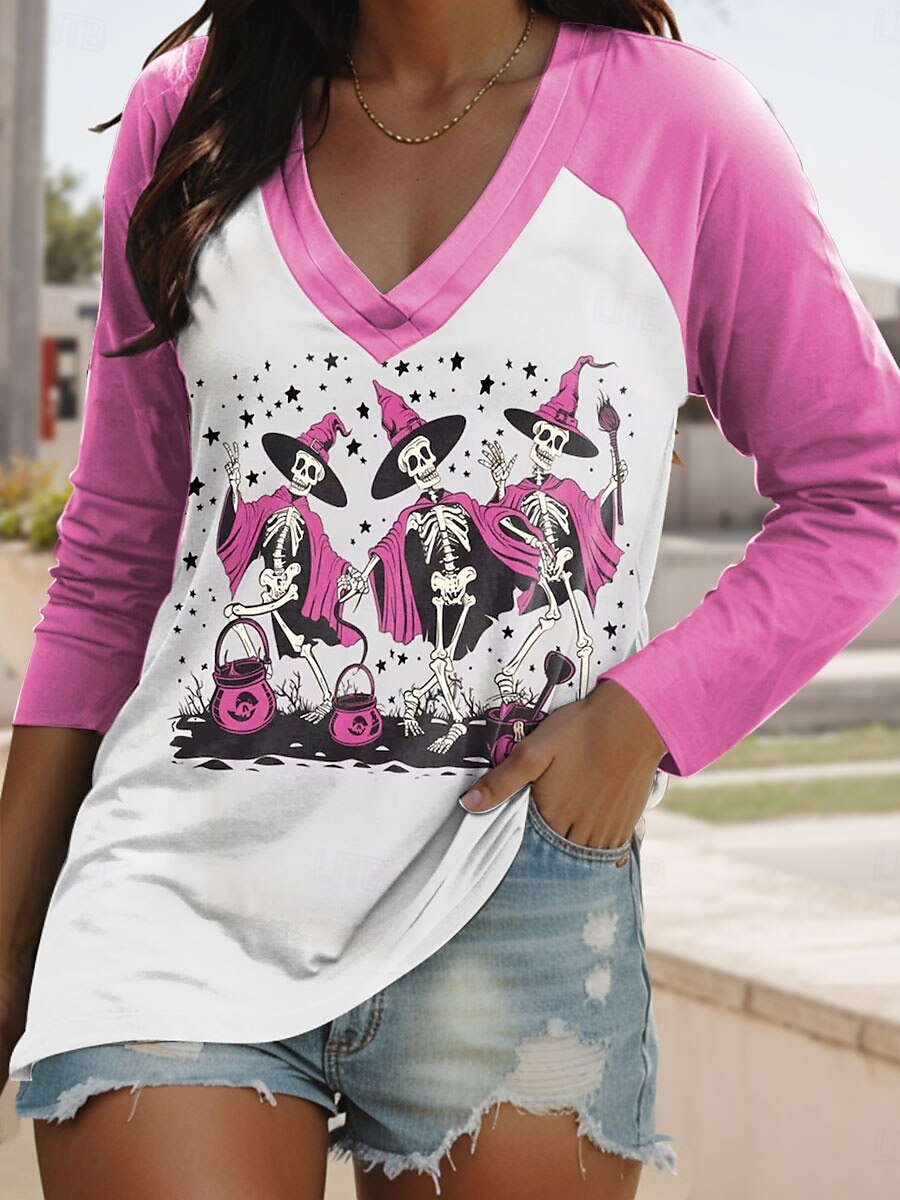 Halloween Femmes T-shirt Graphique Crâne ancien Élégant Classique manche longue Col en V Hauts Réguliers Quotidien Imprimé Rose Claire Bleu Violet Orange Vert Printemps Automne de 2025 ? $22.99 –P1