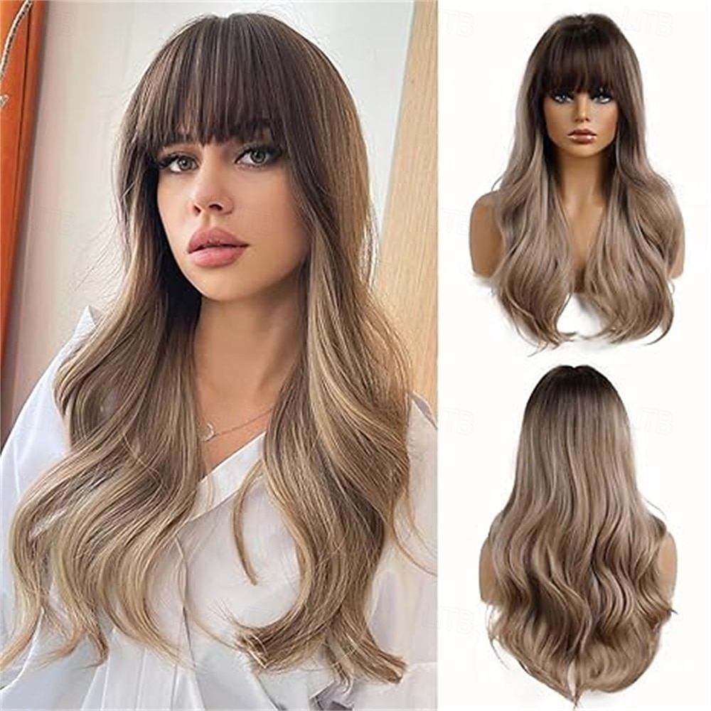 Parrucca sintetica da donna, lunga, ondulata, nera, sfumata, rosa con frangia soffice, leggera, per feste in cosplay del 2025 a $27.99 –P4
