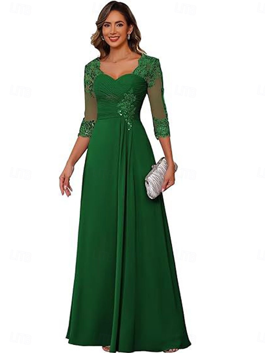 A-linje Kjole til brudens mor Elegant Enkel V-hals Gulvlengde Chiffon 3/4 ermer med Ensfarget 2025 2025 - $119.99 –P8
