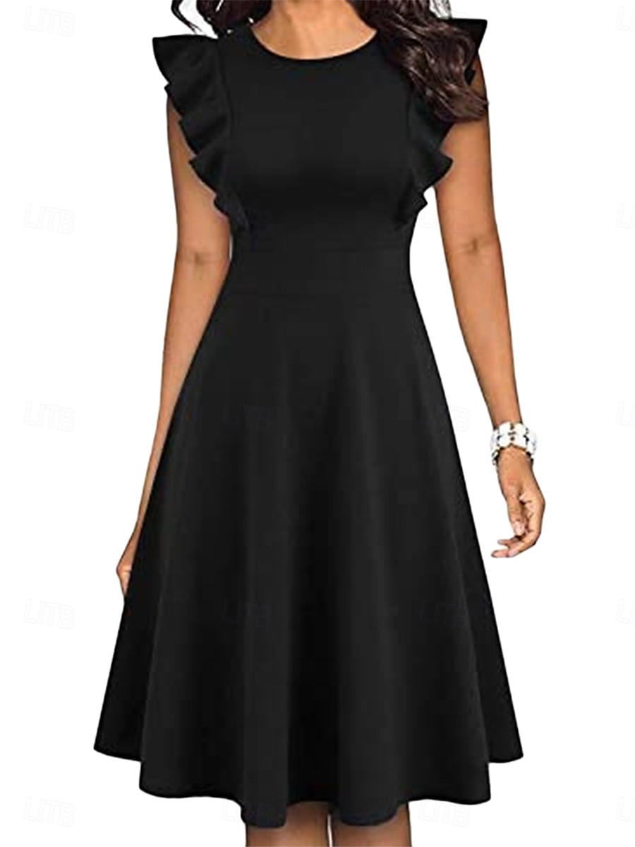 Femmes Robe Longueur Genou Robe à Volants Robe ajustée et évasée Élégant ancien Coupe régulière Uni Manche Courte Col ras du cou Noir Été Automne de 2025 ? $25.99 –P1