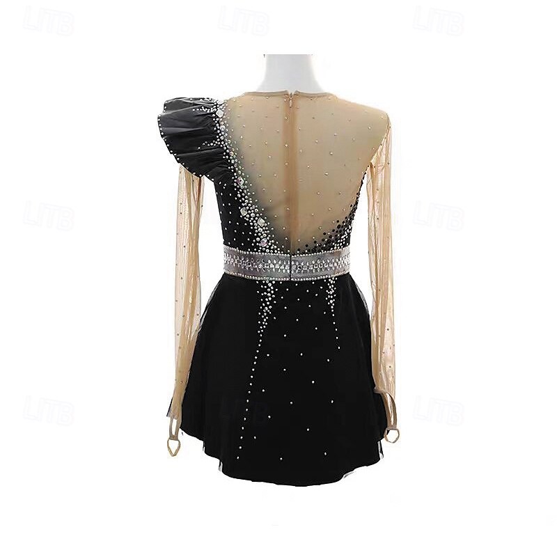 Eiskunstlaufkleid Damen Mädchen Eislaufen Kleid Schwarz Patchwork Daumenloch Netzstoff Spandex Dehnbar Training Übung Professionell Eiskunstlaufkleidung Thermowarm Kristall / Strass Langarm Eislaufen 2025 - $204.39 –P2