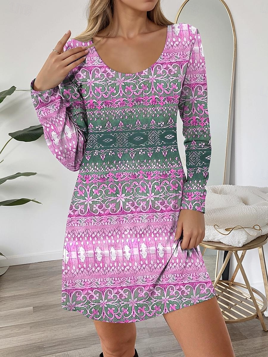 Női Mini ruha Pólóruha A vonalú ruha Alkalmi Napi Normál Grafika Mértani Hosszú ujj Terített nyak Arcpír rózsaszín Medence Bíbor Ősz Tél 2025 - $23.99 –P4