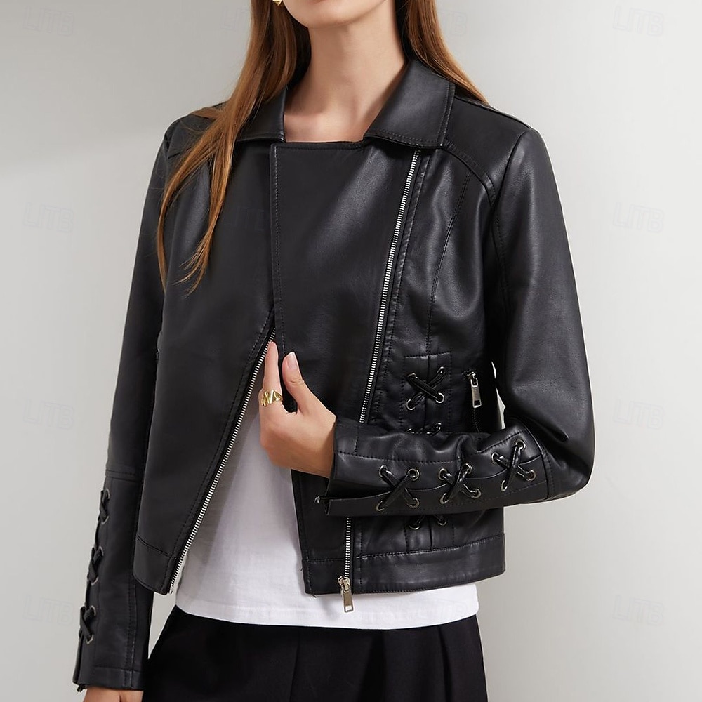 Women's Faux Leather Jacket Comfortable Full Zip Fashion Street Style Plain Outdoor Casual Daily Regular Turndown Regular Fit Long Sleeve Outerwear Black Red Green Spring Fall 2025 - $43.99 –P2