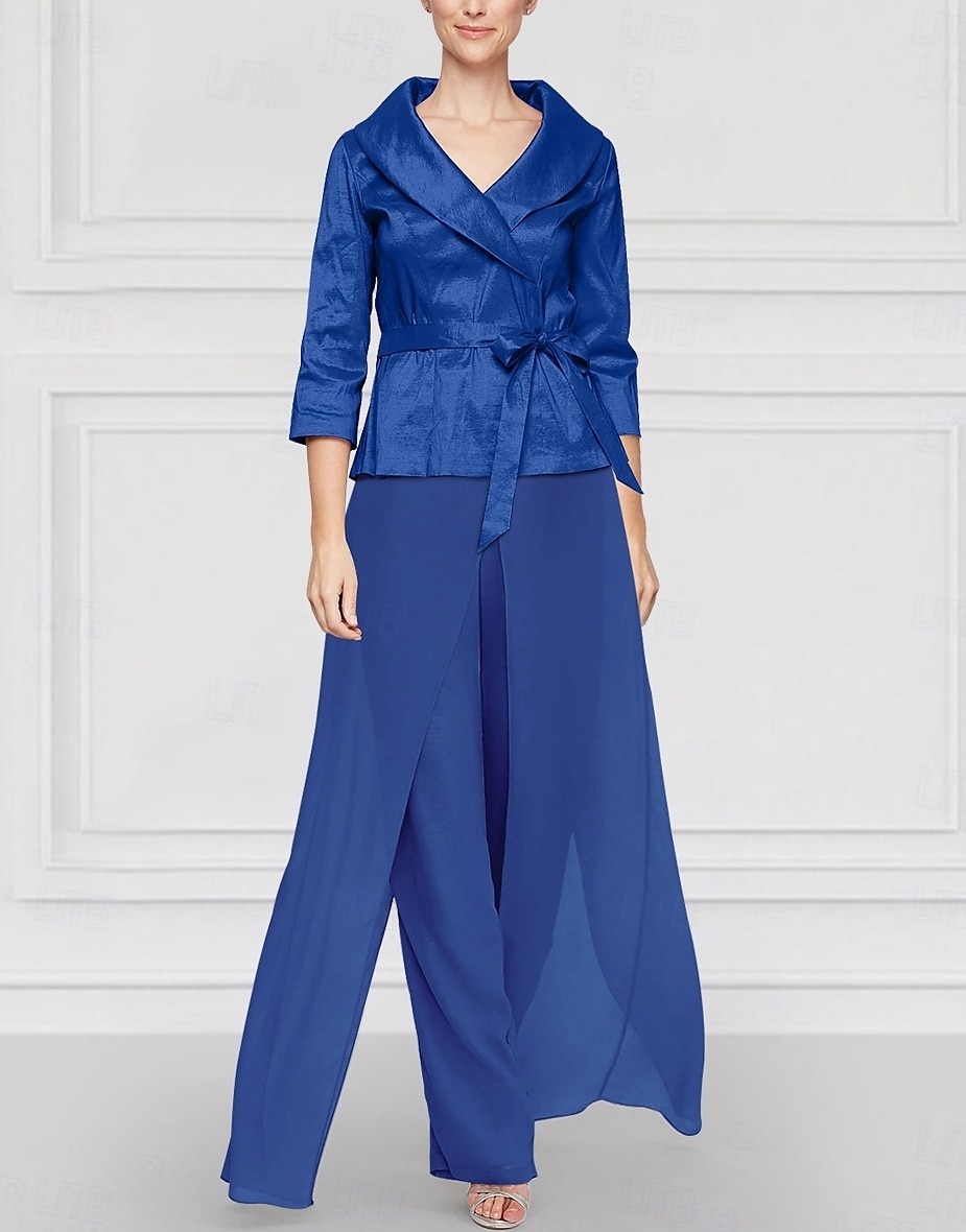 Two Piece Pantsuit Mother of the Bride Wedding Guest Elegant Simple Tailored Lapel Floor Length Chiffon Stretch Satin Long Sleeve with Sash / Ribbon Solid Color 2025 2025 - $132.99 –P1