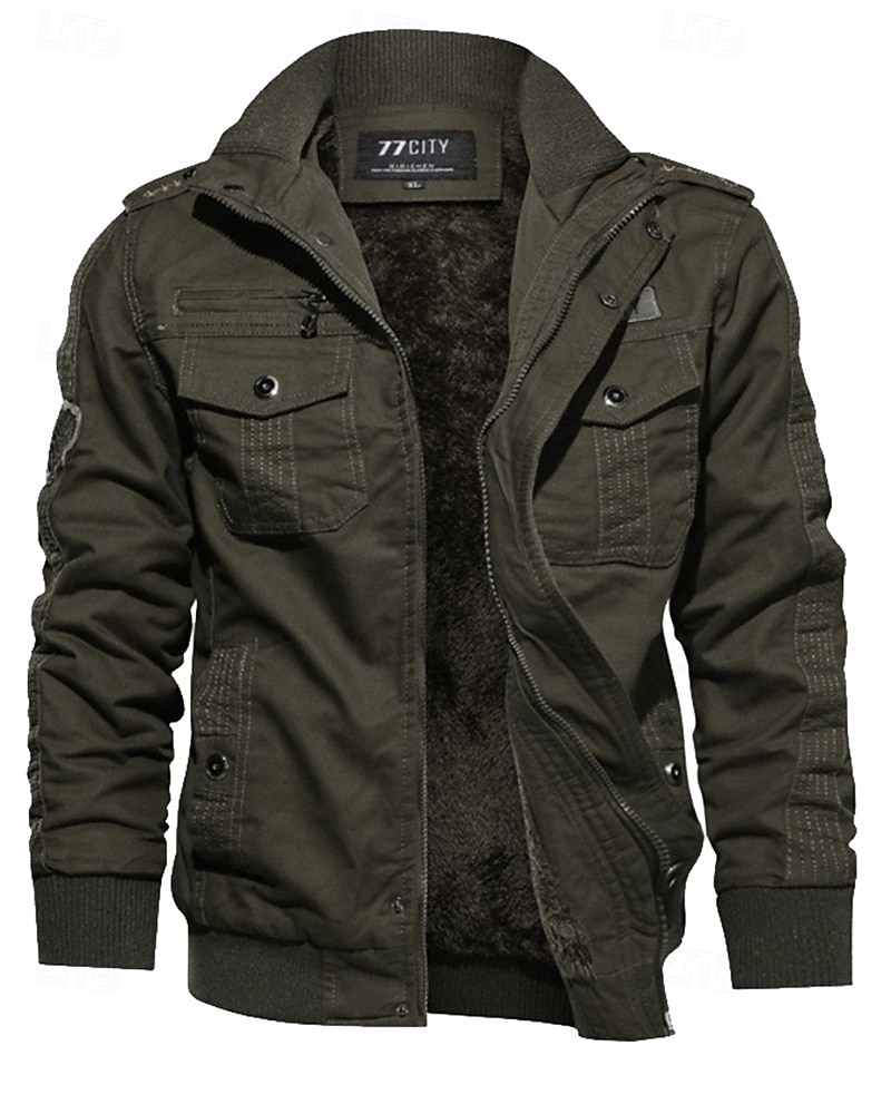 Men's Fleece Cargo Jacket Cotton Winter Outdoor Thermal Warm Top Black Green Khaki 2025 - $48.99 –P5
