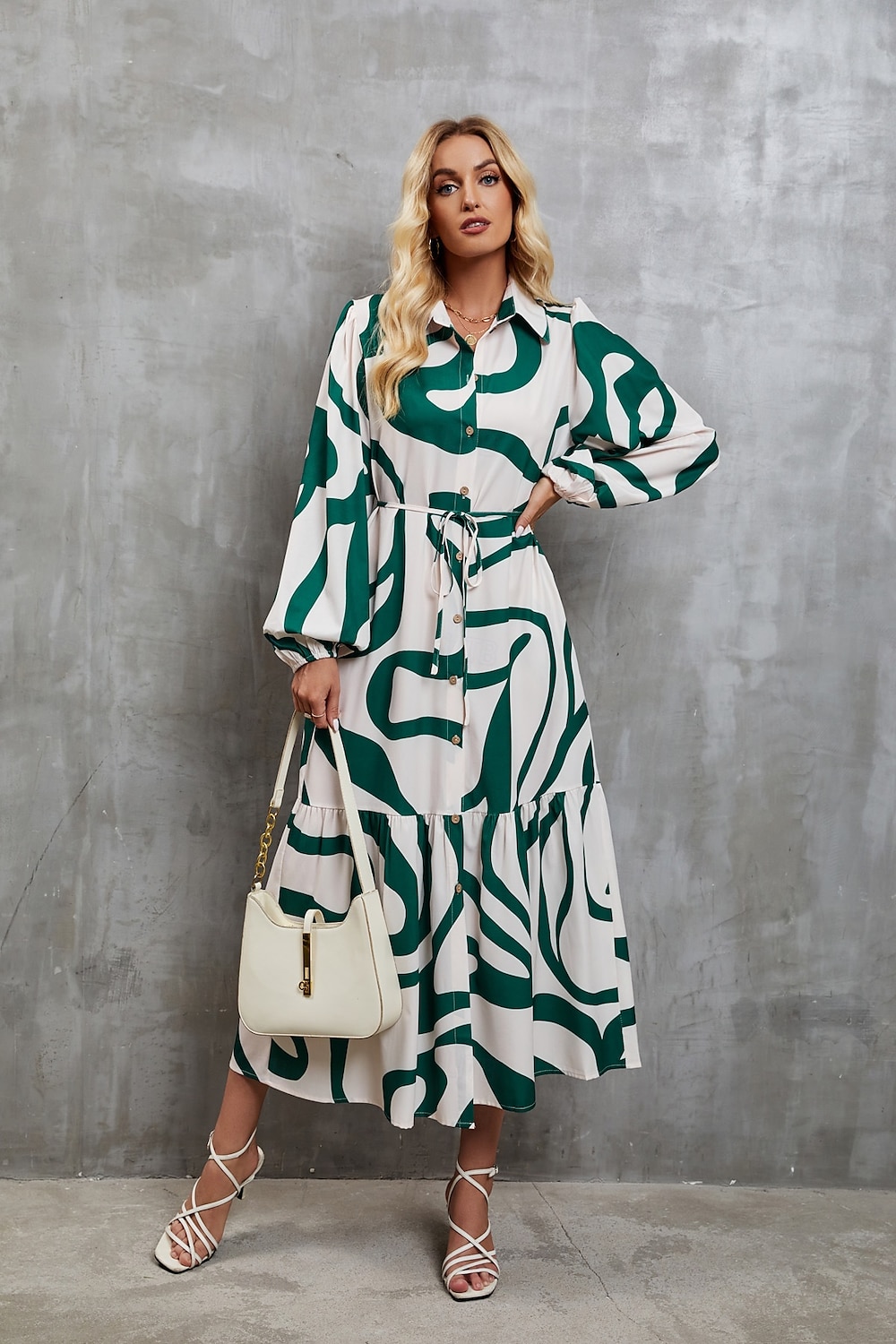 Dames Maxi-jurk A lijn jurk Vakantie Feest Casual Feest Dagelijks Afspraakje Normale pasvorm Abstract Lijn Lange mouw Overhemdkraag Zwart-wit print Groene en witte print Zomer Lente Herfst 2025 - $32.99 –P5