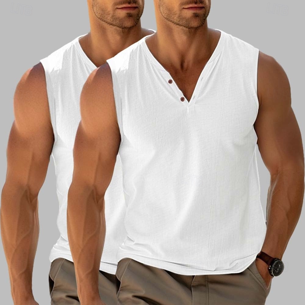 Férfi Henley ing Tee Top Ujjatlan Rövid ujjú V-alakú Nyár Sima Divat Dizájn Alap 2 db Vakáció Utca Hétköznapi Fekete + Fekete Fehér + khaki Fekete+ Khaki Férfi felső póló 2025 - $23.99 –P5