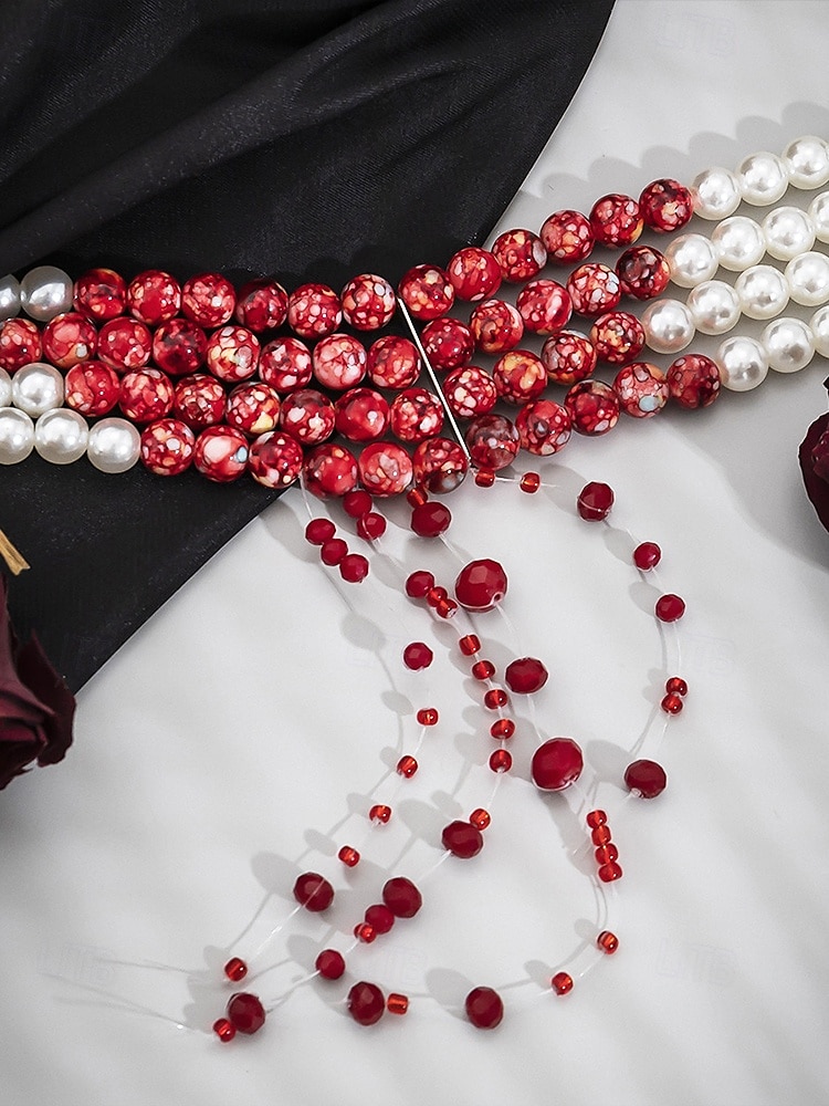 Conjunto de joyas de Halloween con gotas de sangre para mujer: gargantilla, pulsera y pendientes de perlas y cuentas rojas para fiestas de disfraces y eventos espeluznantes. 2025 - $18.99 –P5