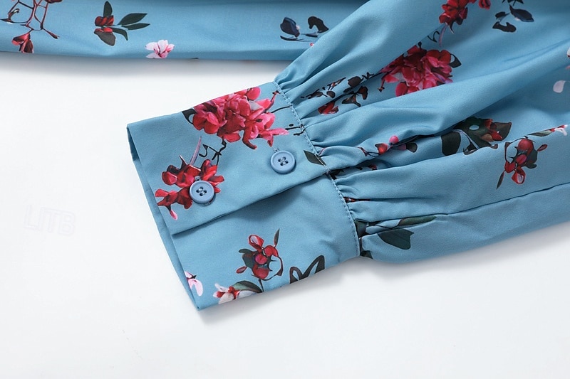Dam Långklänning Maxiklänning Blommig klänning Boho-klänning Västerländsk klänning Elegant Mode Modern Utomhus Semester Dagligen Normal Blomma Långärmad V-hals Blå Sommar 2025 - $36.99 –P10