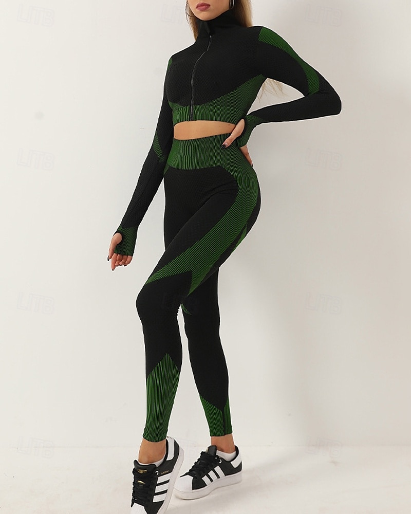 Mujer 2 Piezas Conjunto deportivo de yoga Conjuntos para estar en casa Otoño Retazos Bloque de color Trajes de Yoga Ejercito verde Negro Entrenamiento de gimnasio Alta cintura Secado rápido Eslático 2025 - $35.99 –P2