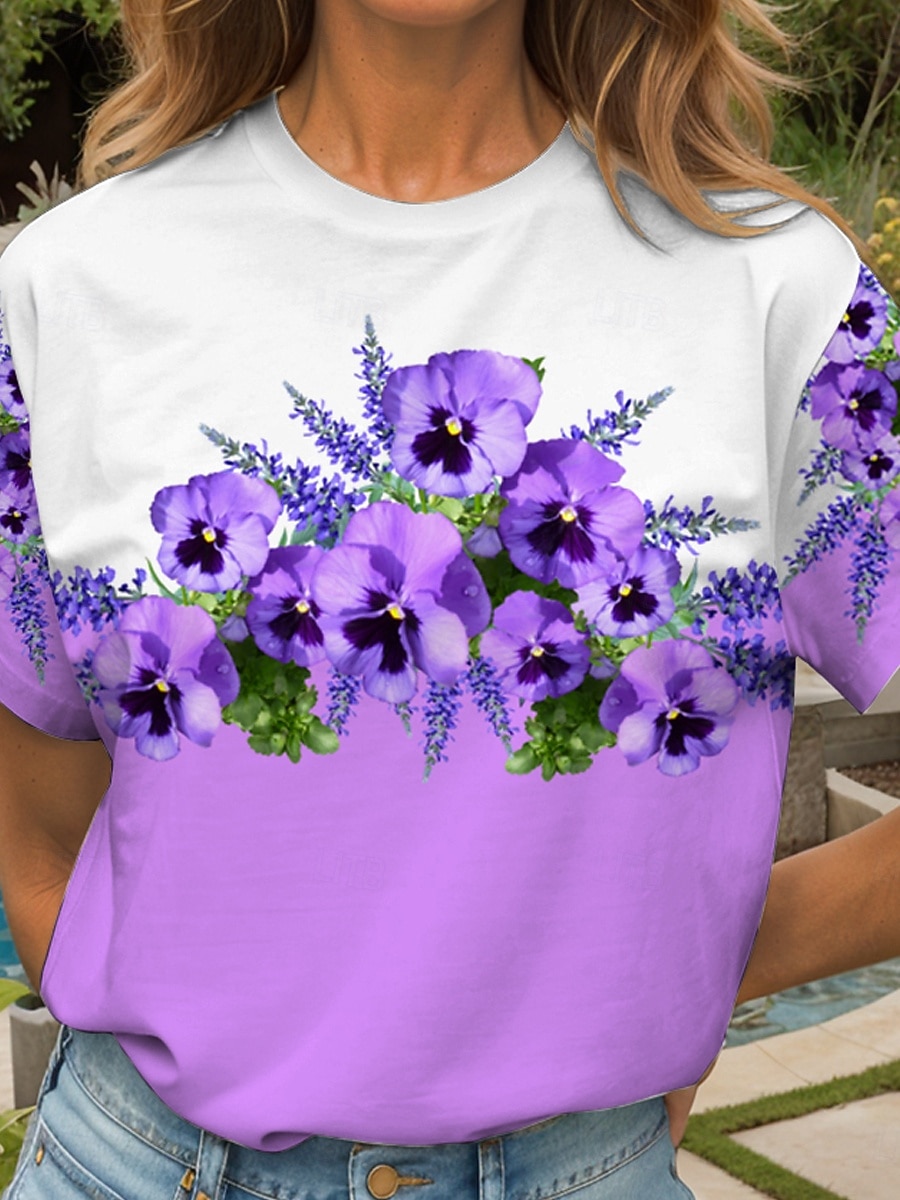 Femmes T-shirt Fleuri Graphique ancien Élégant Classique Manche Courte Col ras du cou Col rond Hauts Réguliers Quotidien Sortir Week-end Imprimé Noir et blanc Jaune Rose Claire Bleu Violet Ét de 2025 ? $19.99 –P3