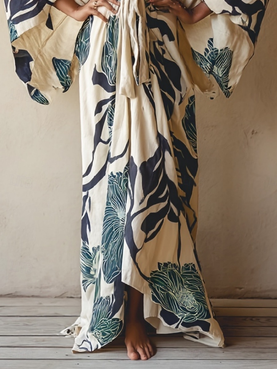 Langes Damenkleid Maxikleid Boho-Kleid Freizeitkleid Swing-Kleid Sommerkleid Vintage Urlaub Alltag Strand Regular Fit Blumen Langarm V-Ausschnitt Blau Sommer Frühling Herbst 2025 - $25.99 –P2