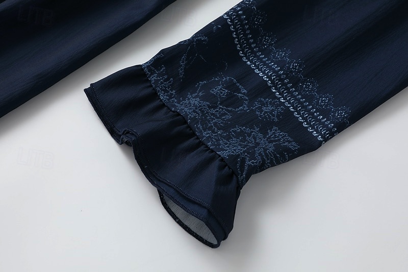 Femmes Robe Midi Robe bohème Robe occidentale Mode Classique Fête Sortir Week-end Coupe régulière Fleur manche longue Col en V Bleu de minuit Été de 2025 ? $37.99 –P9