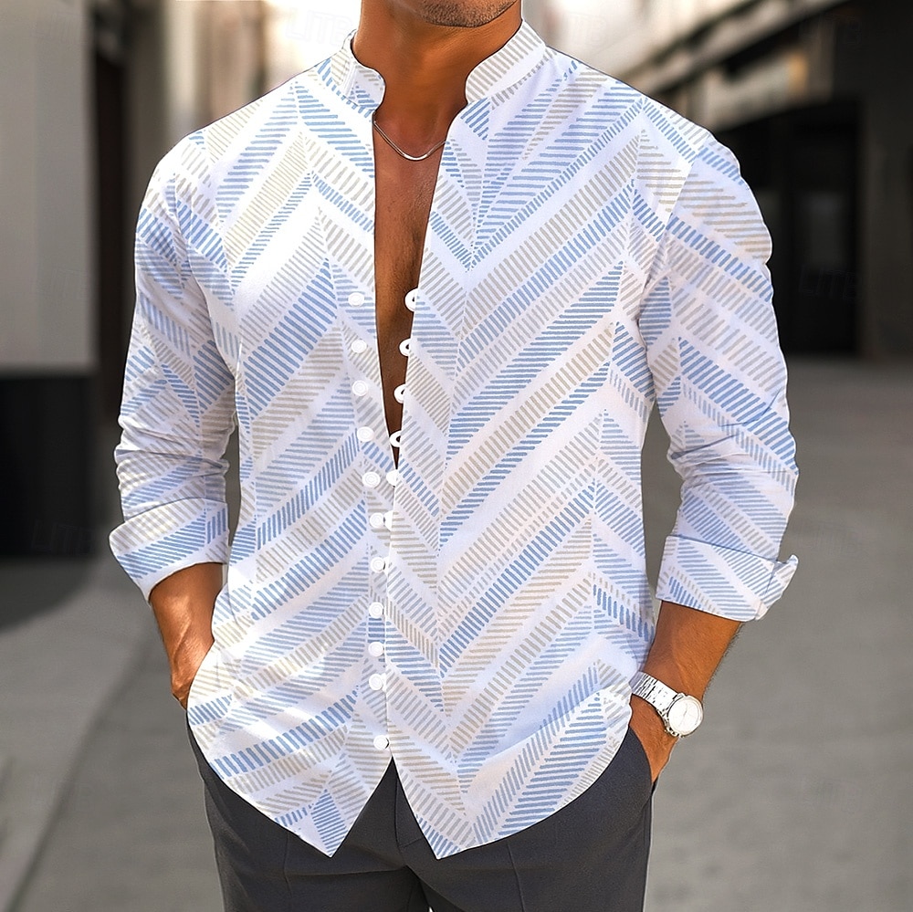 Voor heren Verloop Chevron Overhemd Overhemd met staande kraag Lange mouw Casual Vakantie Alledaagse kleding Uitgaan Lente Herfst Mandarijn Kraag Band Kraag Button-omlaag Linnenachtig shirt Blozend 2025 - $25.99 –P2