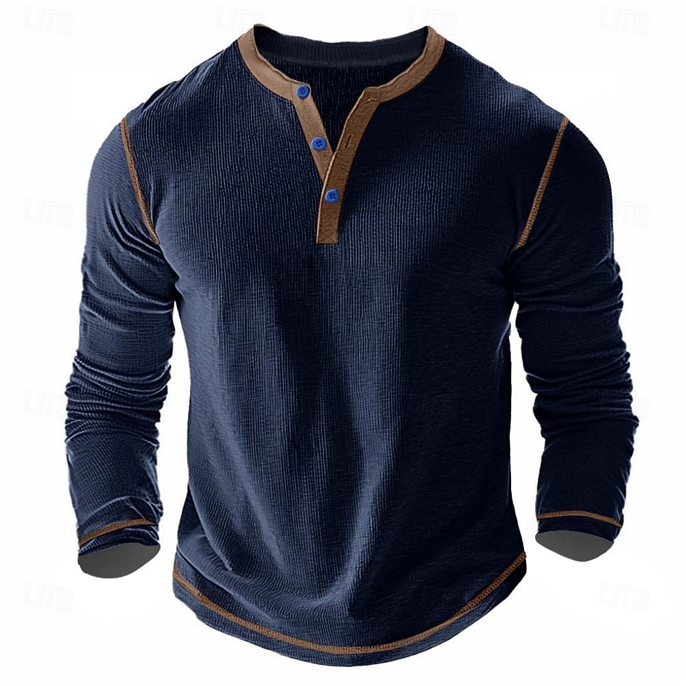 Men's T Shirt Henley Shirt Waffle Knit Tee Tee Top Long Sleeve Shirt Long Sleeve Color Block Solid Fashion Designer Basic Patchwork Henley Vacation Street Casual Spring & Fall Dark Gray Black White 2025 - $20.99 –P1