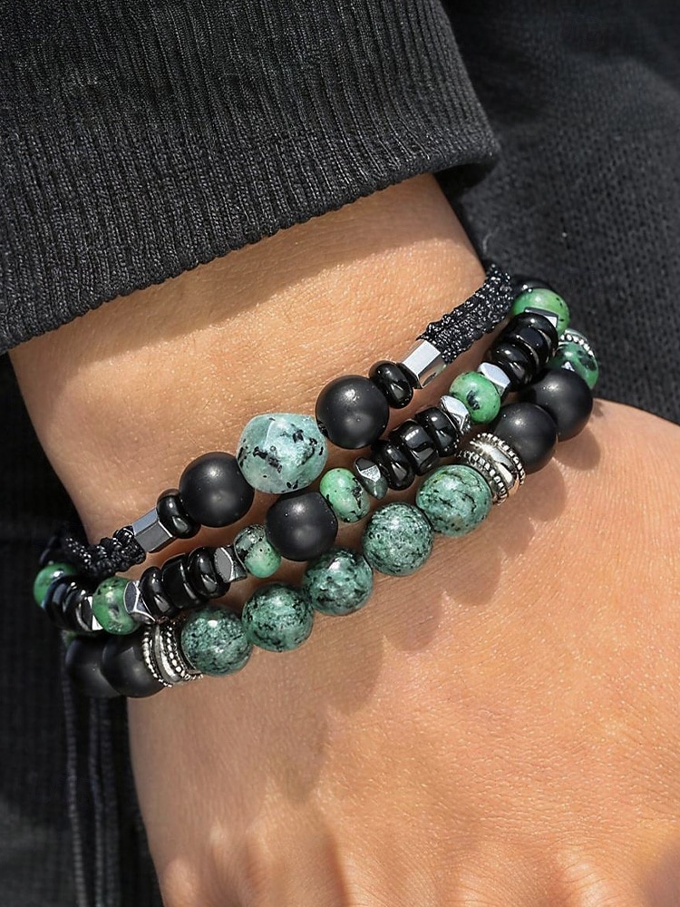 Men’s Green Stone Beaded Bracelet Set – 3-Piece Adjustable Natural Stone & Alloy Wristbands for Boho Style, Ideal for Daily Wear, Gifts and Festivals 2025 - $11.99 –P3