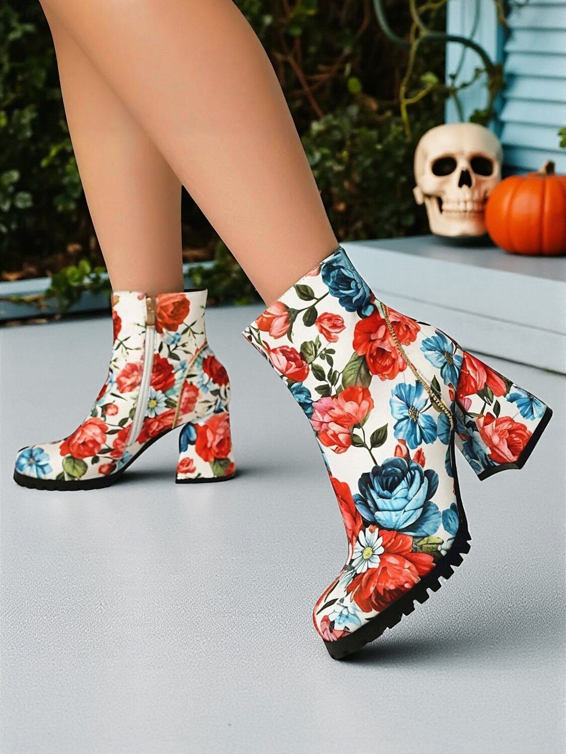Damen-Stiefeletten mit Totenkopf- und Rosen-Print für Halloween – Stiefeletten mit klobigem Blockabsatz und seitlichem Reißverschluss im Gothic-Stil für Cosplay, Partys und Herbstfestivals 2025 - $54.99 –P4