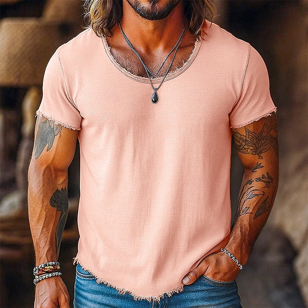 Homens T-shirt Camiseta de linho Manga Curta Gola Redonda Verão Tecido Moda Designer Básico Macia Borda Crua Férias Rua Casual Branco Preto Rosa Top Tee para Homens de 2026 por $21.99 –P7