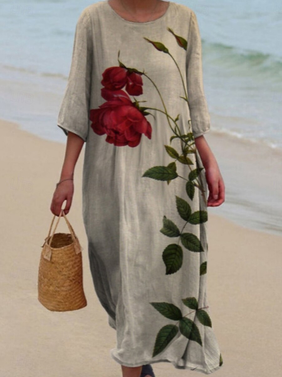 Damen Midikleid Freizeitkleid Druckkleid Mode Modern Täglich Strand Wochenende Normale Passform Blumen Dreiviertelarm Rundhalsausschnitt Weiß Fuchsie Khaki Aprikose Sommer Frühling Herbst 2025 - $31.99 –P3