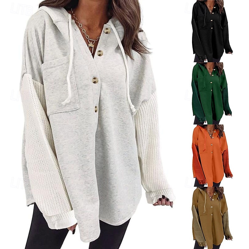 Mulheres Pulôver Moletom Com Capuz Tecido Casual Manga Longa Com Capuz Tops regulares Rua Dia a Dia Bolsos Botões Preto Laranja Verde cáqui Cinzento Outono Inverno de 2025 por $32.99 –P1