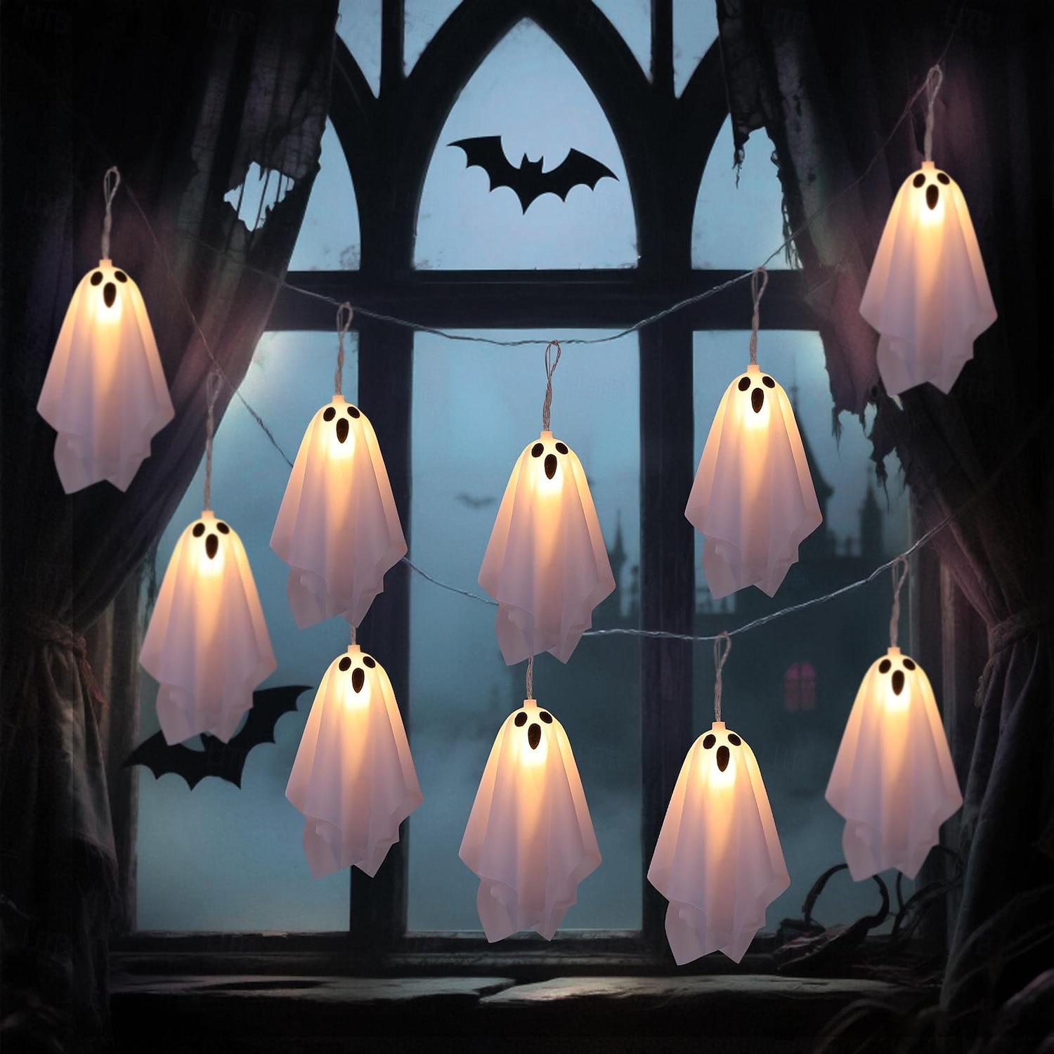 1 Pc Halloween 2.5M 10 luminous hanging ghost ghost light string AAA waterproof battery box 8 function remote control indoor and outdoor courtyard party Halloween atmosphere decoration light 2025 - $20.99 –P2