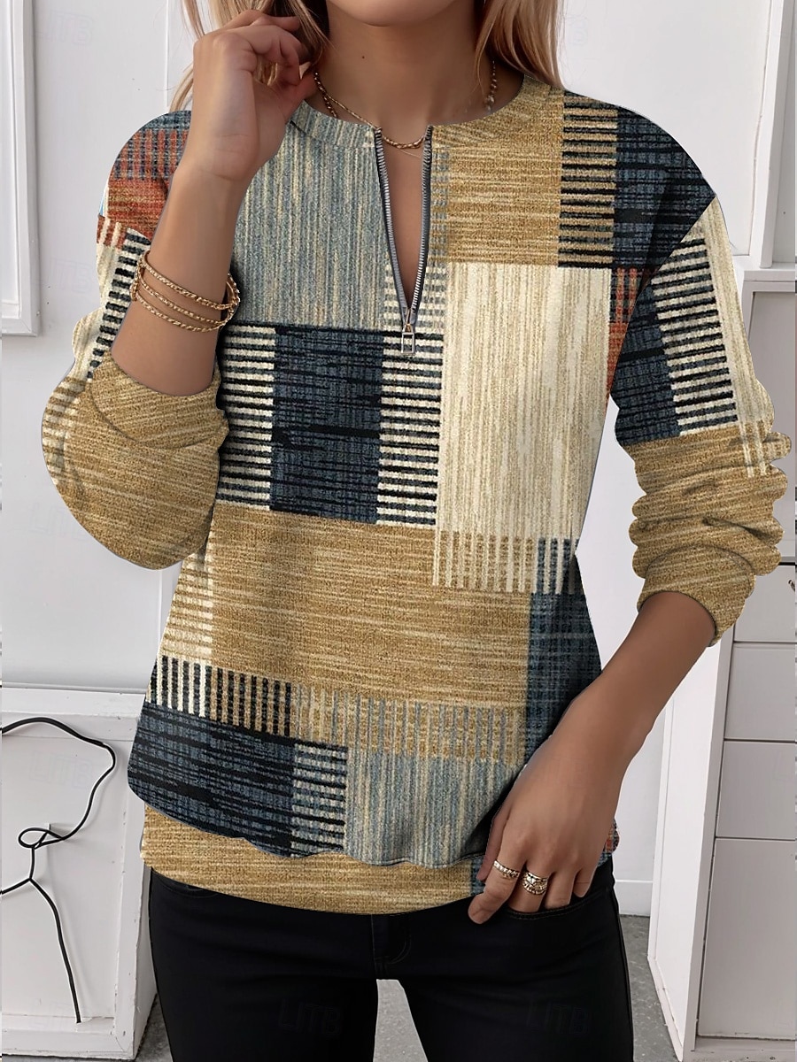 Mulheres Moletom Moletons com zíper Gráfico Xadrez Moda Casual Manga Longa Gola Redonda Tops regulares Rua Dia a Dia Zíper Imprimir Vermelho Azul Laranja Marron cáqui Outono Inverno de 2025 por $27.99 –P3