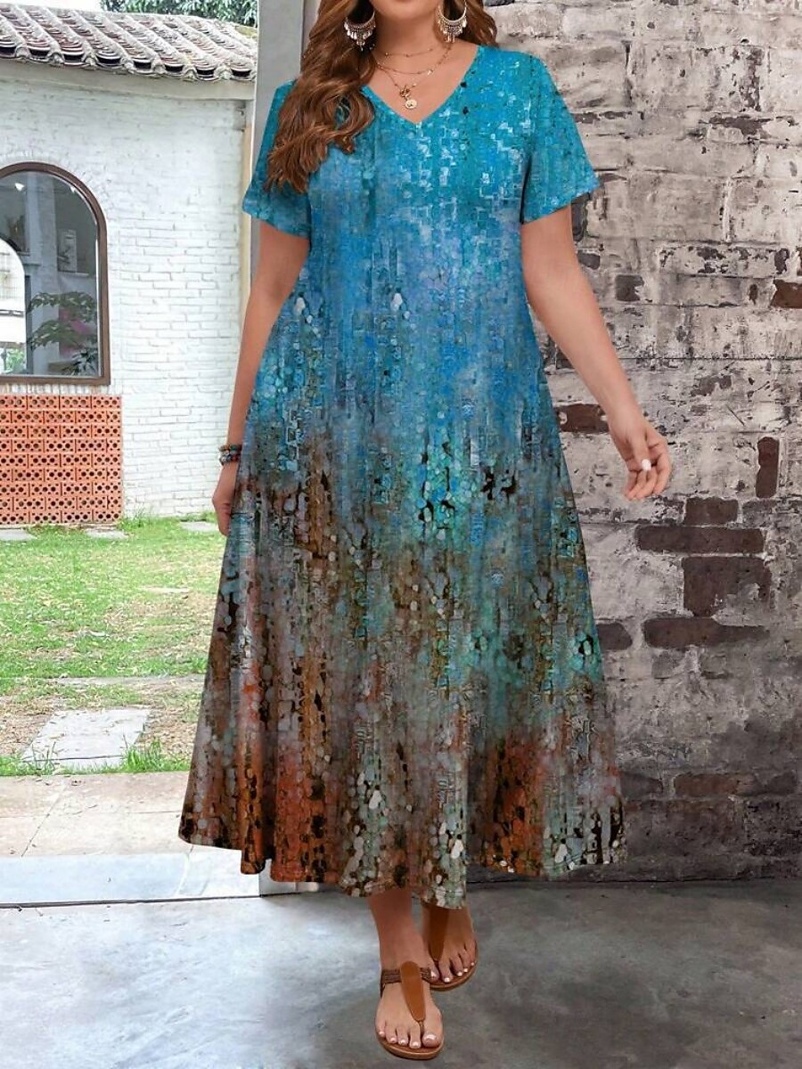 Damen Übergröße Freizeitkleid Ombre V Ausschnitt Kurzarm Sommer Frühling Mode Modern Lässig Maxikleid Ferien Wochenende Kleid 2025 - $28.99 –P14