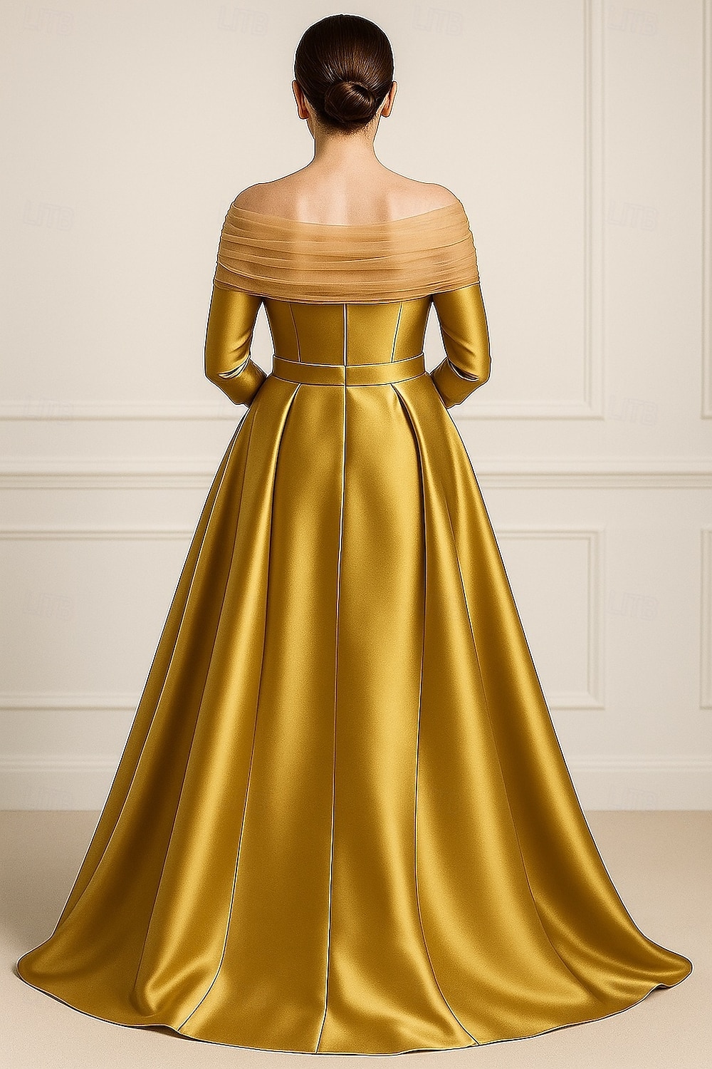goldenes A-Linien-Abendkleid, elegantes Kleid für formelle Hochzeitsgäste, bodenlang, 3/4-Ärmel, schulterfrei, Tasche, Satin mit Schleife(n) 2025 2025 - $137.99 –P2