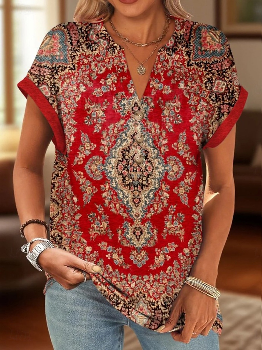 Femmes Chemise en coton Fleuri Graphique ancien Tropical Élégant Manche Courte Col en V Hauts Réguliers Quotidien Imprimé Noir Jaune Rouge Bleu Vert Été Printemps de 2025 ? $24.99 –P2