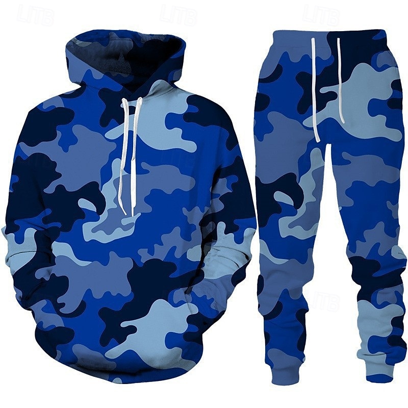 Herren Trainingsanzug Outfit-Set Kapuzenpullover Set Kapuzenpullover Outdoor Täglich Sport Tasche Kordelzug Tarnung Marineblau Dunkelgrün Grün Grafikdruck Polyester Sportkleidung Mode Streetwear 2025 - $34.99 –P2