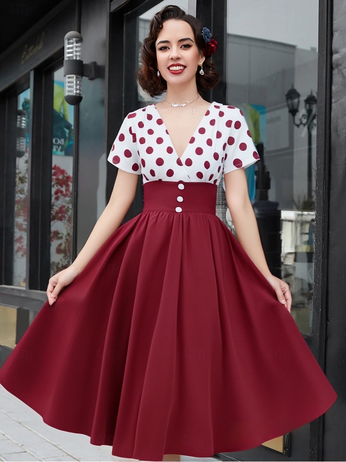 Ρετρό vintage 1950 στολές Grease rockabilly midi φόρεμα swing dress φούστα flare high waist πολka dots A-line deep V fancy dress γυναικείο καρναβάλι νέα χρονιά tea party καθημερινά ρούχα 2026 - $35.99 –P5