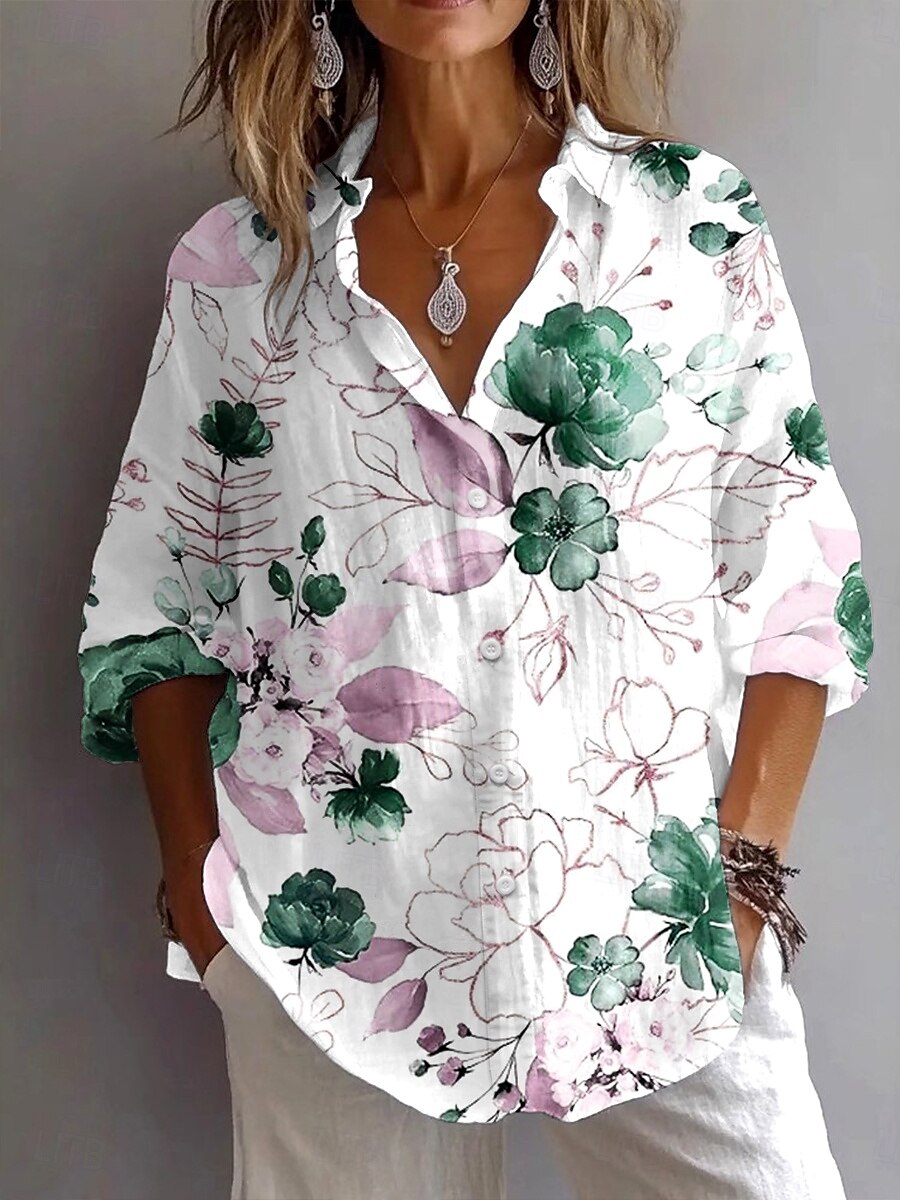 Women's Shirt Floral Graphic Vintage Tropical Daily Long Sleeve Shirt Collar Regular Tops Work Daily Holiday Buttons Print Blue Brown Green Summer Spring Fall 2025 - $32.99 –P2