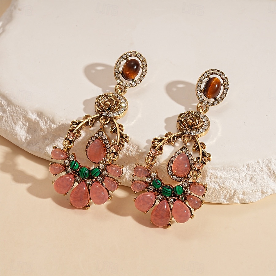 Set di gioielli vintage da donna con cristalli floreali: elegante collana in oro e orecchini pendenti con pietre preziose rosa e verdi, accessori romantici per balli serali e cocktail party del 2025 a $24.99 –P7