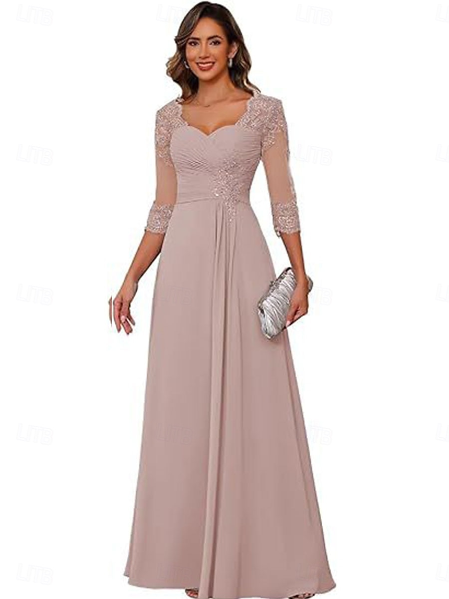 A-linje Kjole til brudens mor Elegant Enkel V-hals Gulvlengde Chiffon 3/4 ermer med Ensfarget 2025 2025 - $119.99 –P13
