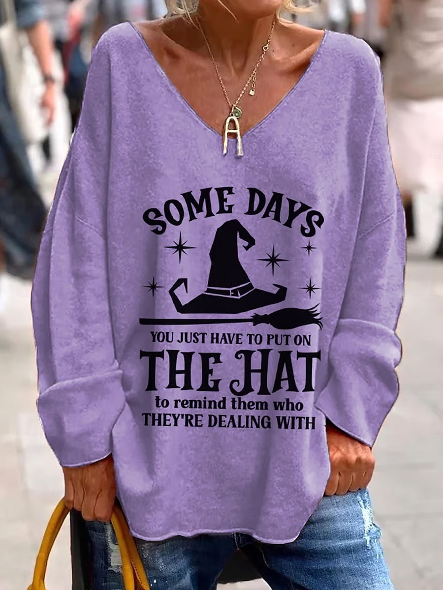Halloween Damen T Shirt Grafik Buchstabe Hexe Elegant Mode Lässig Langarm V Ausschnitt Normale Oberteile Täglich Wochenende Druck Schwarz Purpur Orange Grün Grau Frühling Herbst 2025 - $27.99 –P4