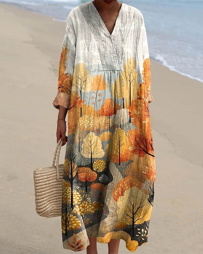 Femmes Robe Midi Robe Décontractée Robe Imprimée Mode Moderne Quotidien Plage Week-end Coupe régulière Arbre manche longue Col en V Jaune Bleu Orange Bleu de minuit Printemps Automne de 2025 ? $11.99 –P2