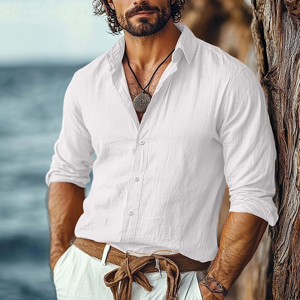 Per uomo Camicia Camicia di lino Camicia Estiva Abbigliamento da spiaggia Camicia con Bottoni Semplice Vacanza Casuale Nero Bianco Cachi Grigio Manica Lunga Collo ripiegato Estate Primavera del 2025 a $23.99 –P4