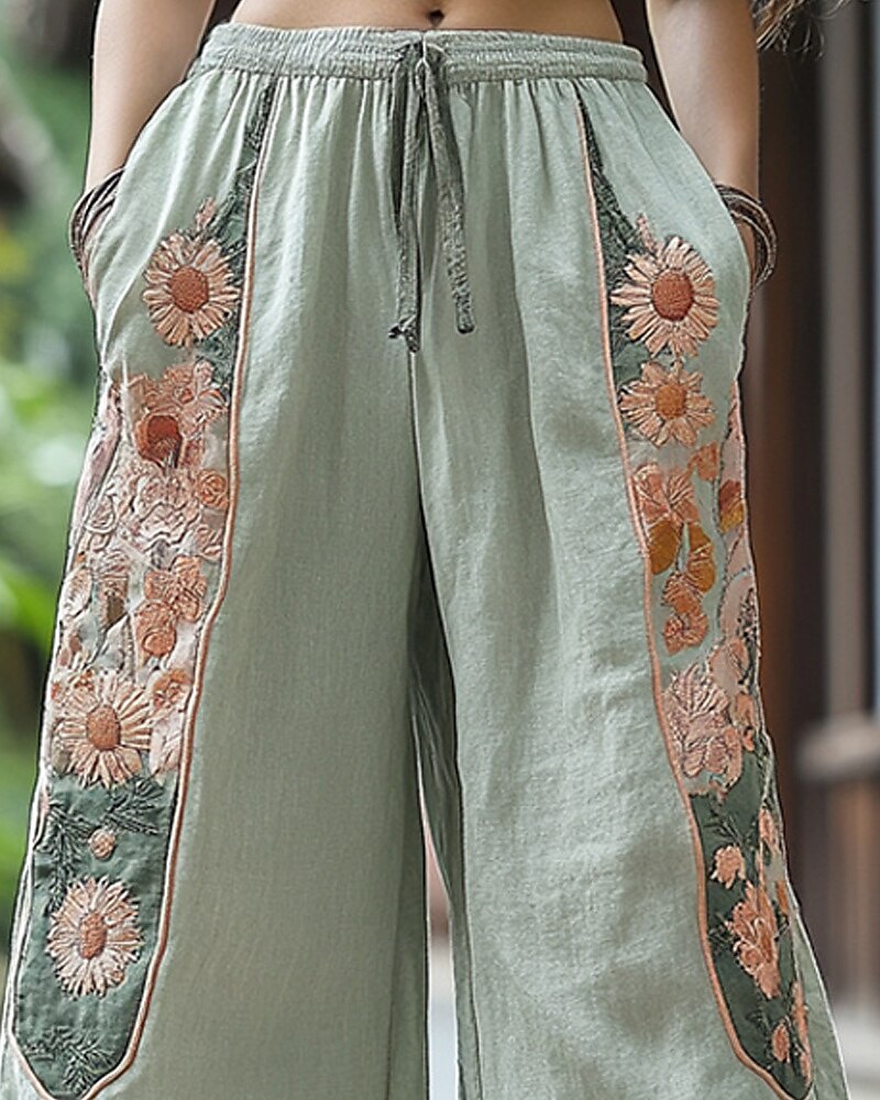 Dam Brett skaft Byxor Palazzo byxor Mode Boho Fullängd Hög midja Blomma Elastisk midja Snörning Mönster Mateial som andas Bekväm Gata Dagliga kläder Utekväll ljusgrön Vår Höst Normal 2025 - $20.99 –P2