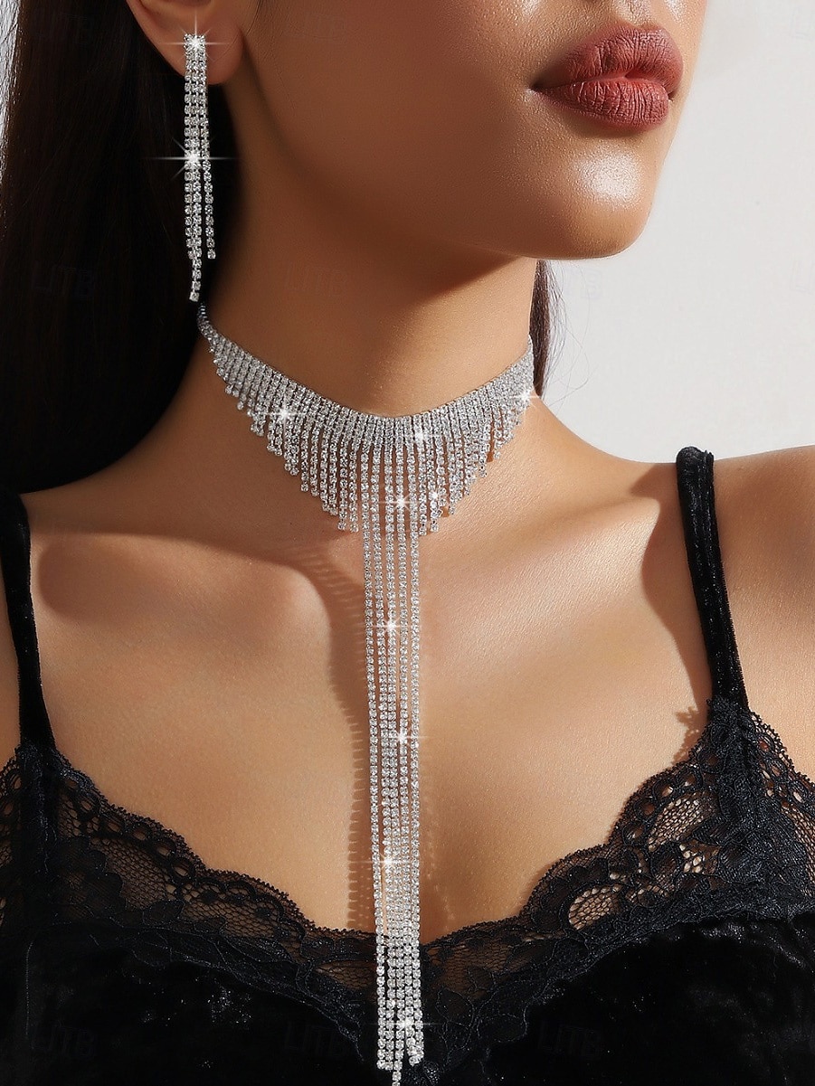 Dámská sada třpytivých šperků s kamínky - stříbrný náhrdelník choker a dlouhé střapcové náušnice, okouzlující výrazné doplňky pro večerní taneční a koktejlové večírky 2025 - $11.99 –P1