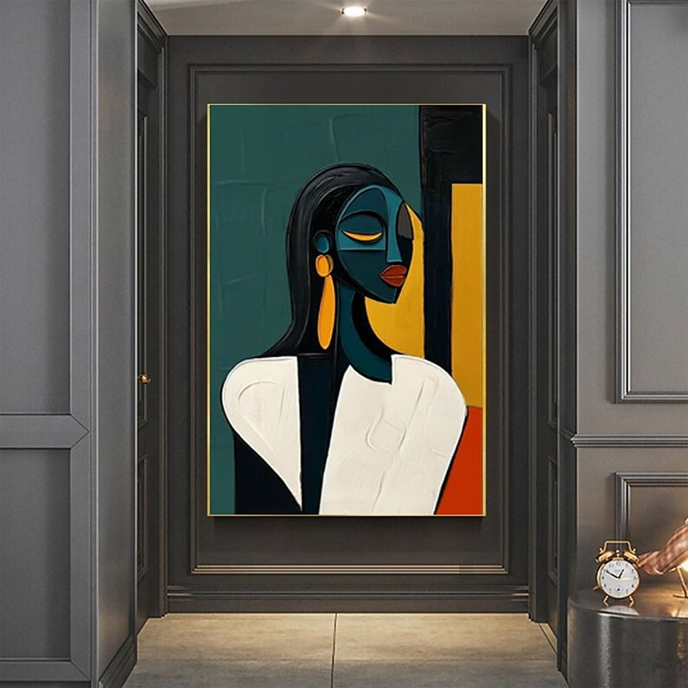Peinture de portrait abstrait moderne faite à la main peinte à la main avec un contraste chromatique audacieux - peintures à l'huile géométriques figure féminine en or cobalt figure pour peinture de 2025 ? $133.99 –P4