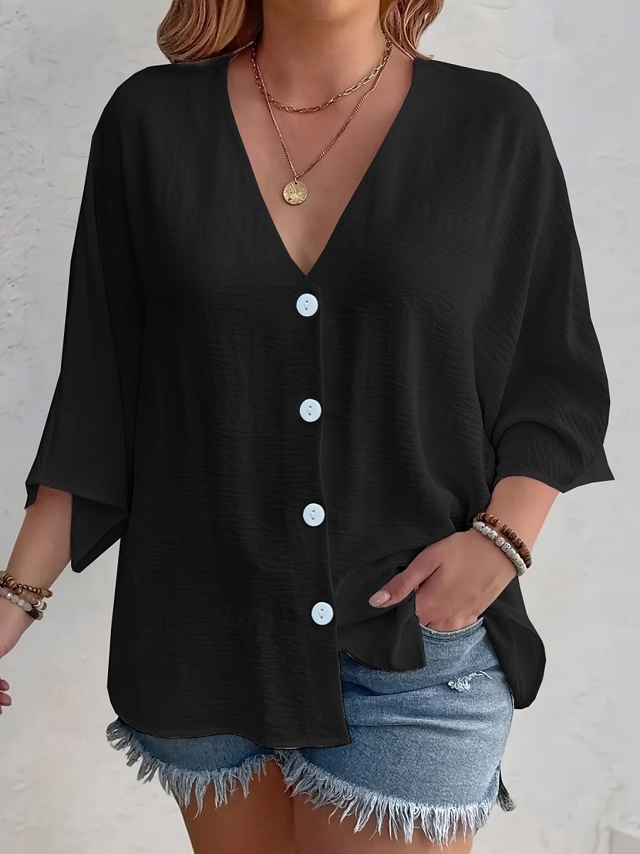 Damen Hemd Einfarbig Stilvoll Lässig Langarm V Ausschnitt Normale Oberteile Täglich Knöpfe Schwarz Weiß Orange Aprikose Sommer Frühling 2025 - $19.99 –P1