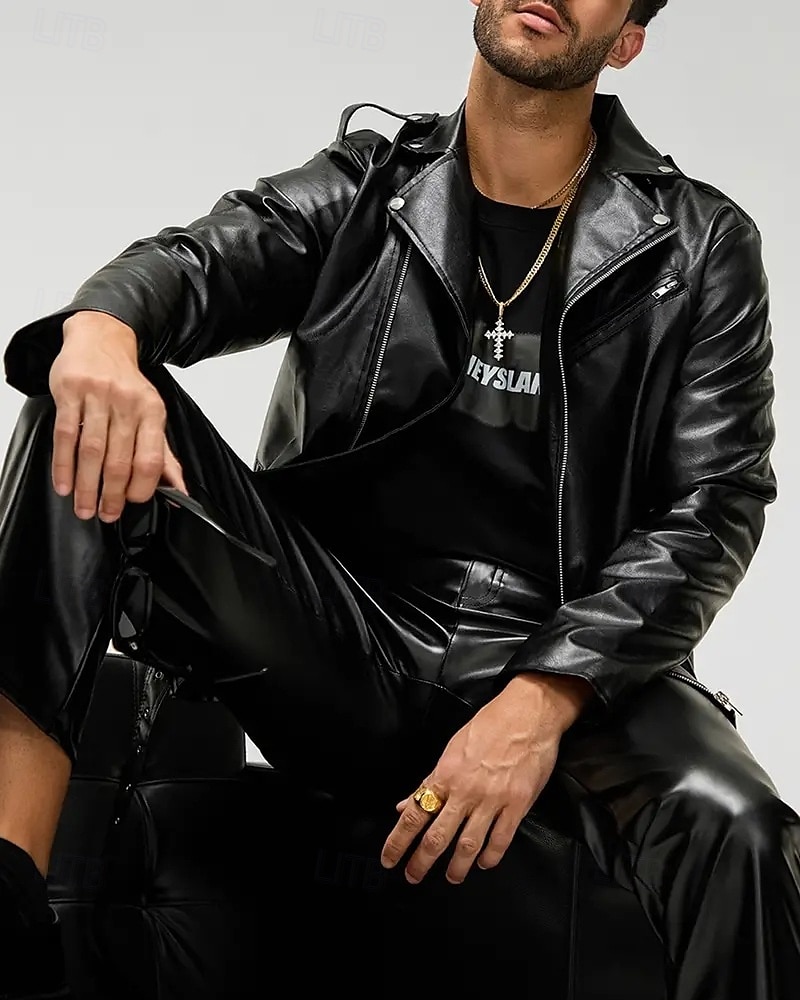 Herren Kunstlederjacke Bikerjacke Motorradjacke Urlaub Täglich Winddicht Warm Tasche Herbst Winter Einfach Mode Klassisch Revers Regulär Schwarz Jacken 2025 - $48.99 –P1