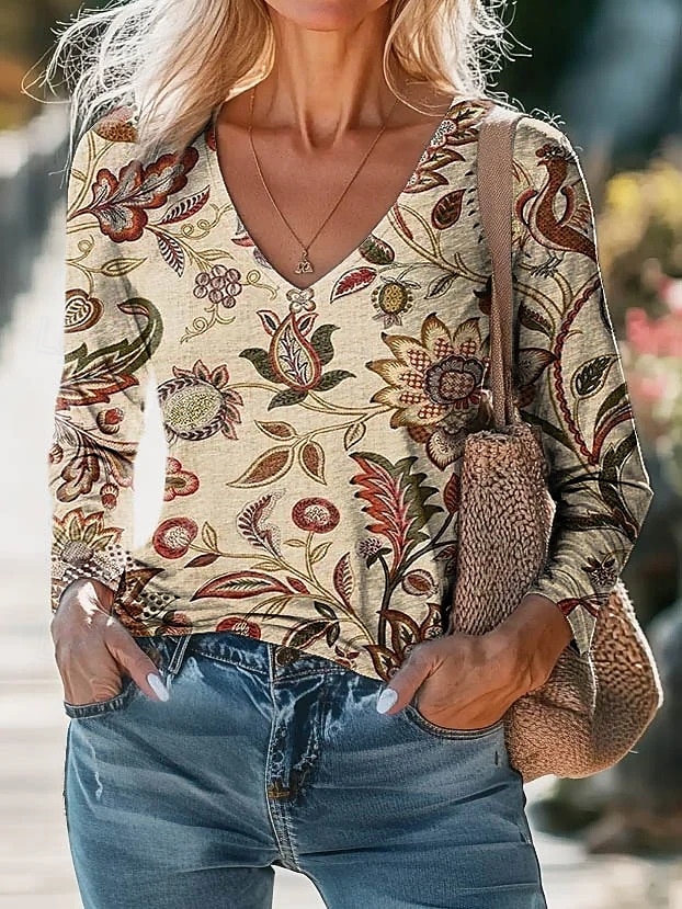 Femmes Chemisier Fleuri Bohème Quotidien manche longue Col en V Hauts Réguliers Quotidien Fête Imprimé Noir Blanche Violet Vert Abricot Été Printemps Automne de 2025 ? $13.49 –P3